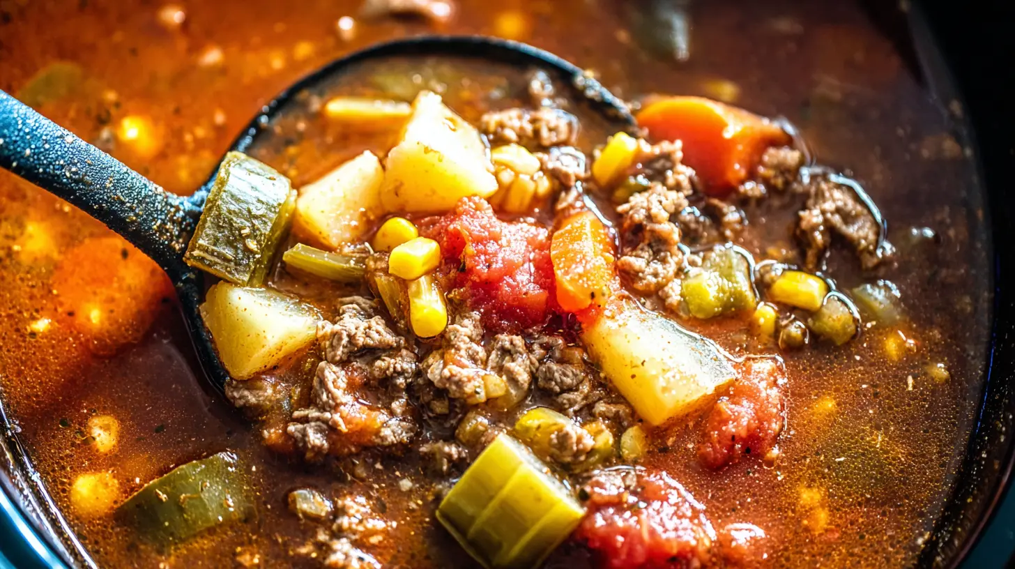 Close-up of Crockpot Vegetable Beef Soup, rich with chunky beef and various garden vegetables.