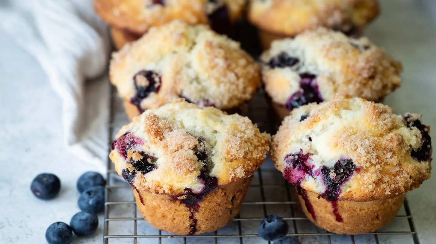Warm, easy blueberry muffins Cooling on a wire rack, ready to be enjoyed.