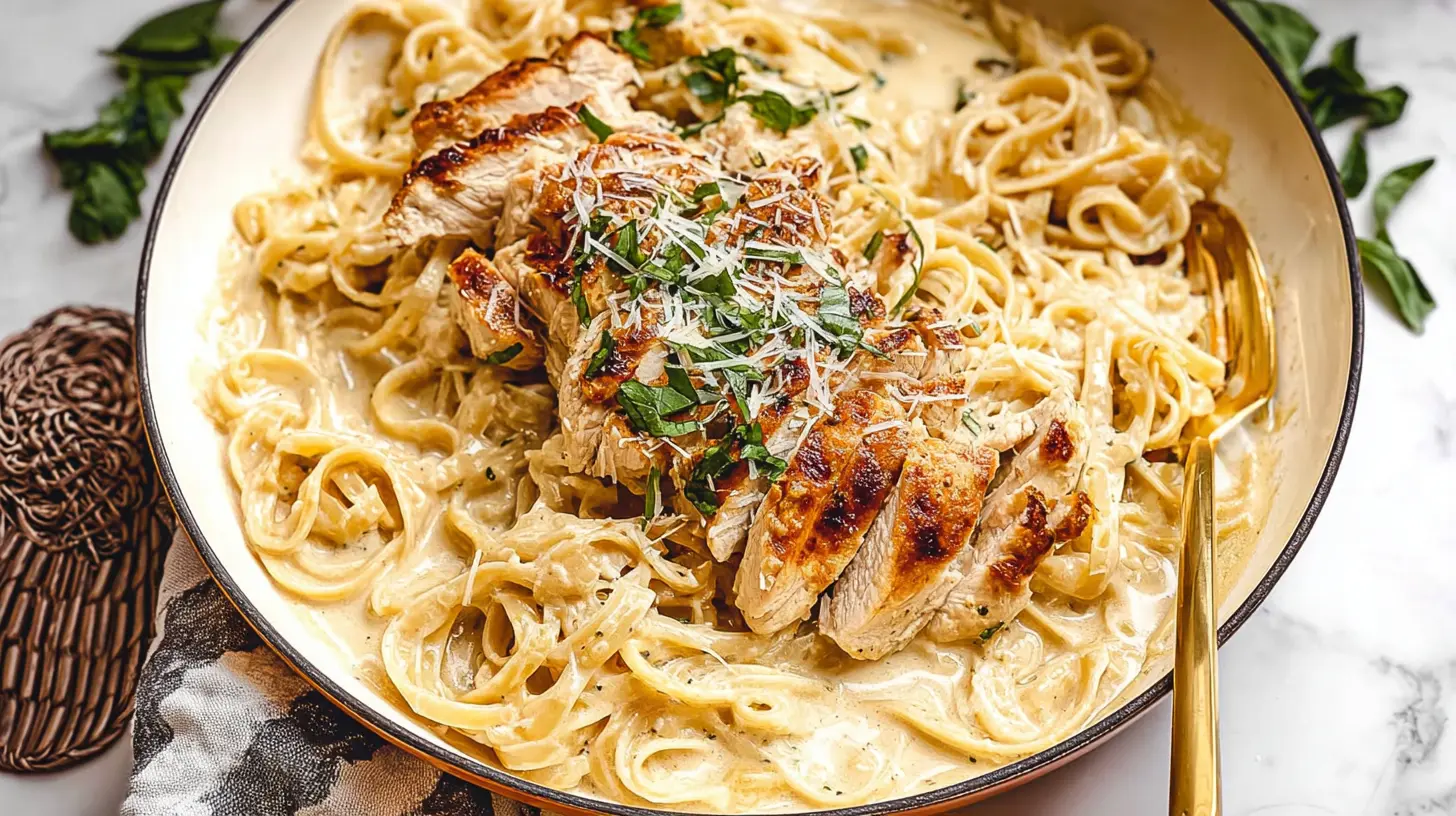 A creamy easy chicken alfredo dinner served in a bowl.