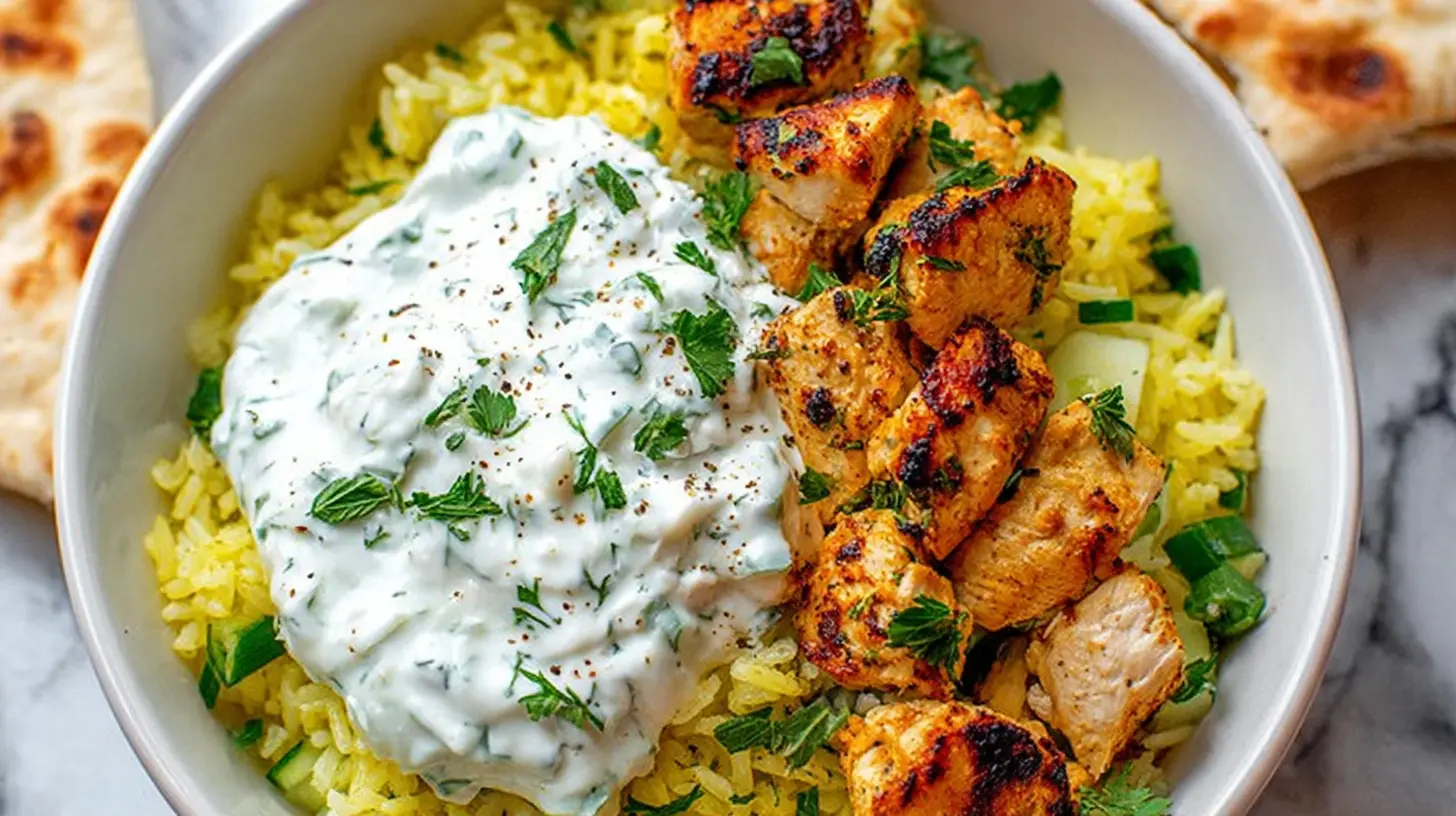 Delicious dump-and-bake chicken tzatziki rice bake, fresh from the oven
