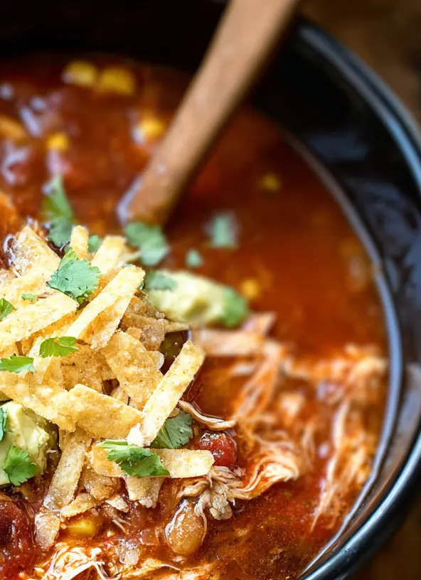Delicious slow-cooked chicken tortilla soup with crispy tortilla strips