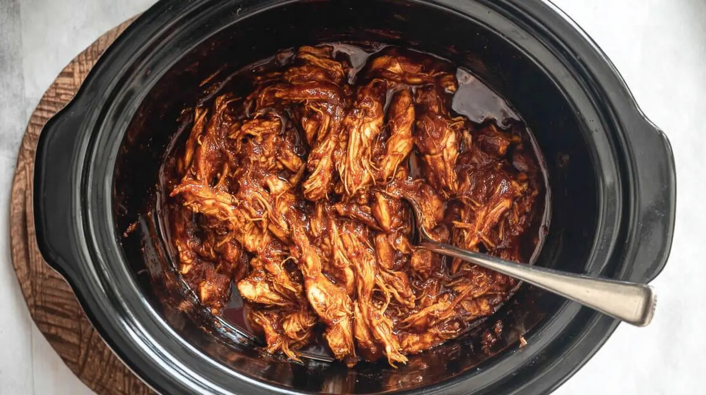 A serving of easy crockpot BBQ chicken, shredded and saucy, ready to eat.