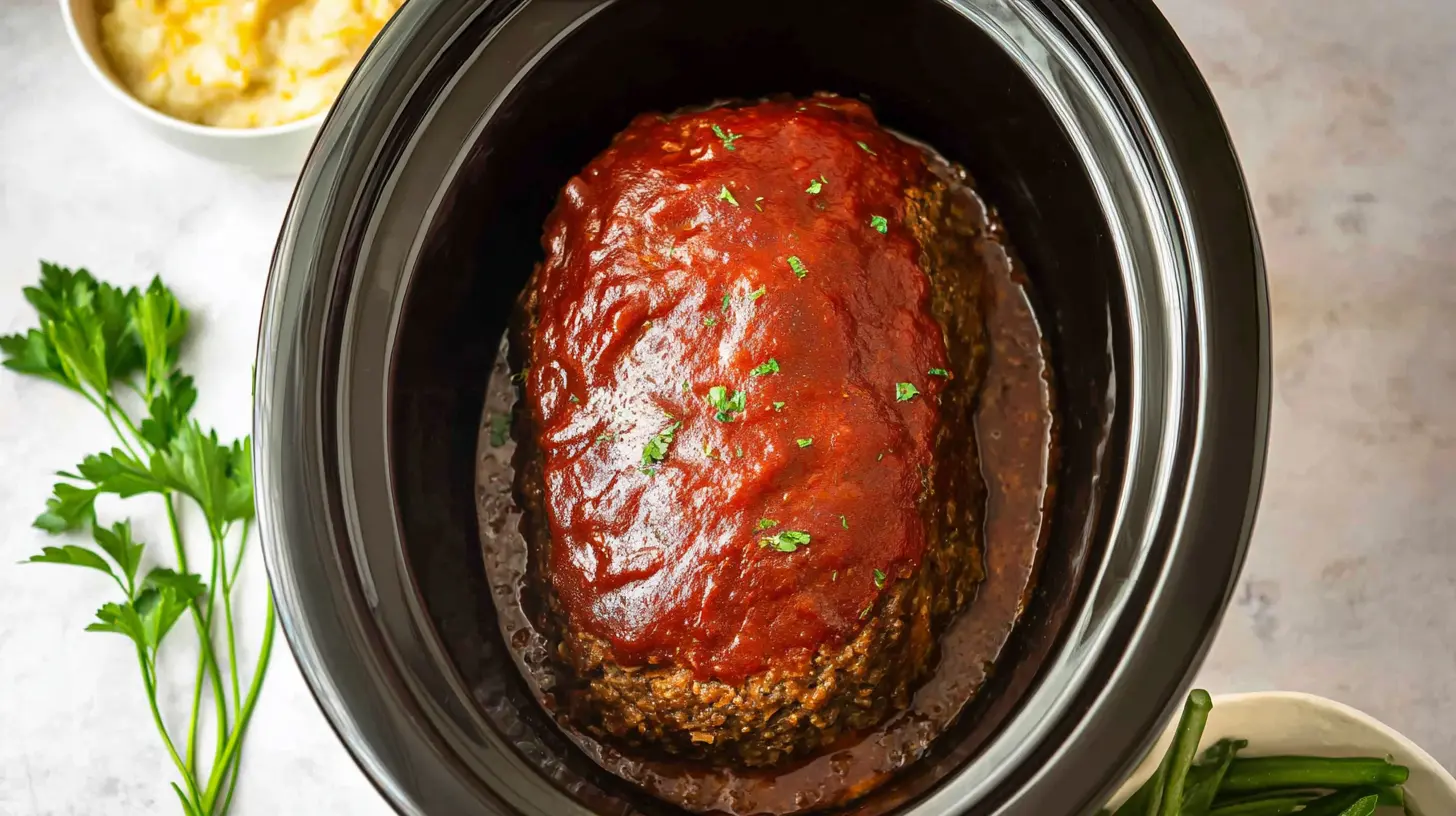 Hearty Crockpot meatloaf with a rich glaze, hot and steaming from the slow cooker.