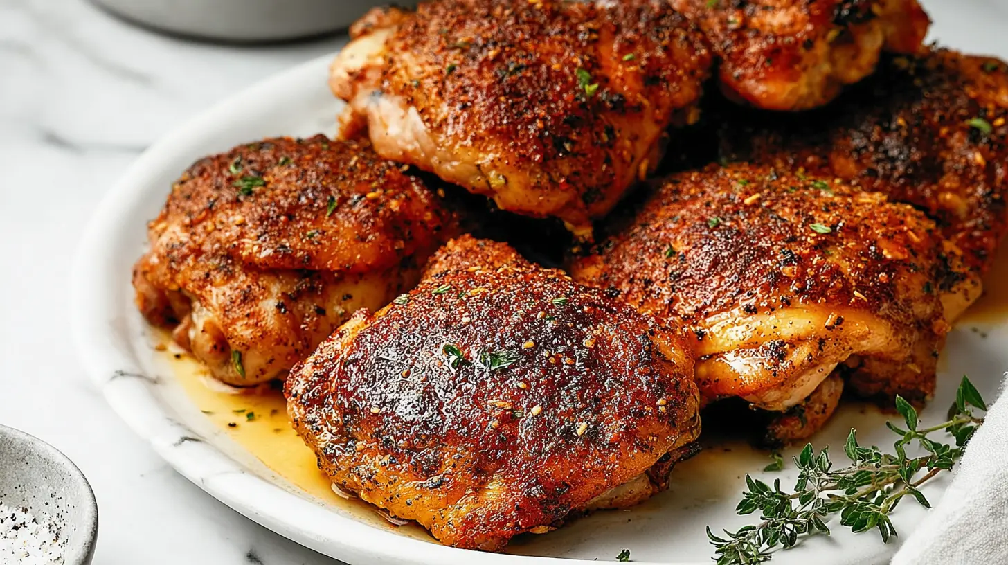 A baked easy garlic chicken thigh recipe served on a plate.