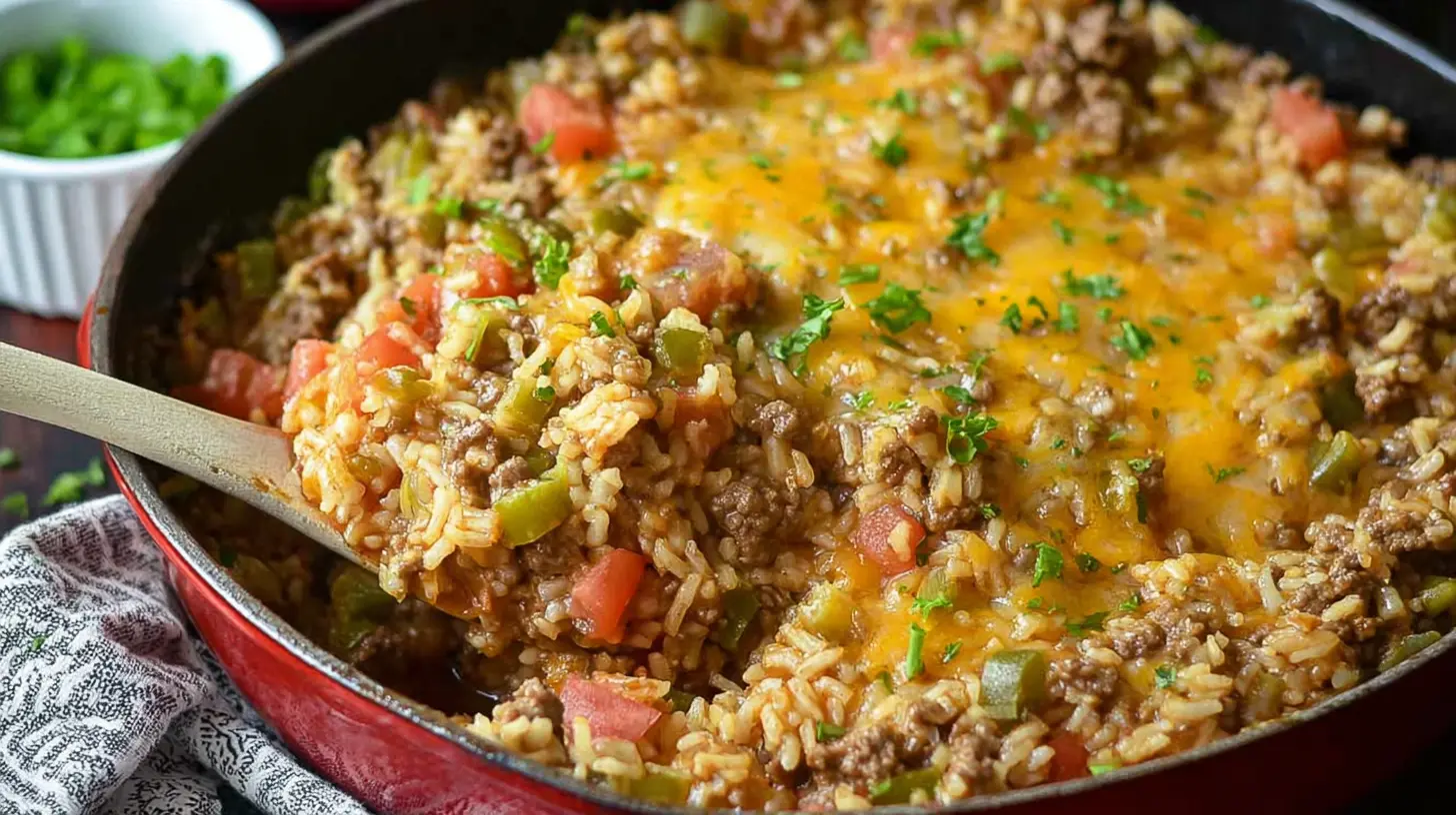 A steaming Easy Ground Beef and Rice Skillet meal with vegetables
