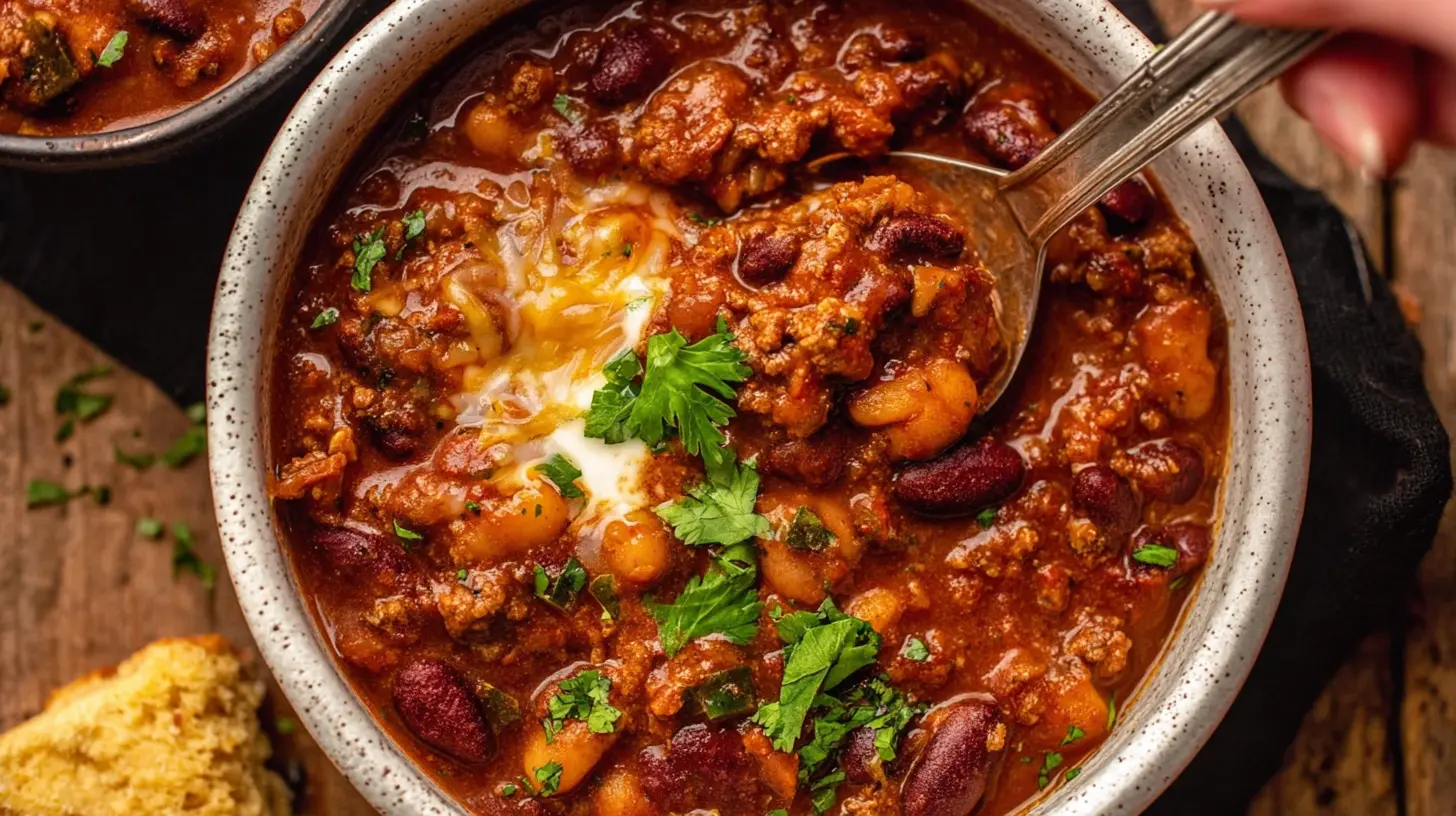 A bowl of easy ground beef chili topped with cheese and fresh cilantro.