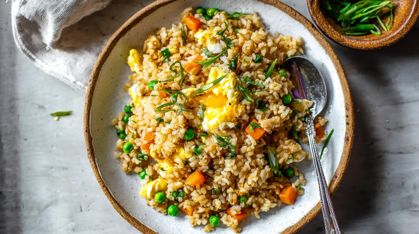 A bowl of easy healthy dinner recipe with rice, fresh vegetables, and lean protein