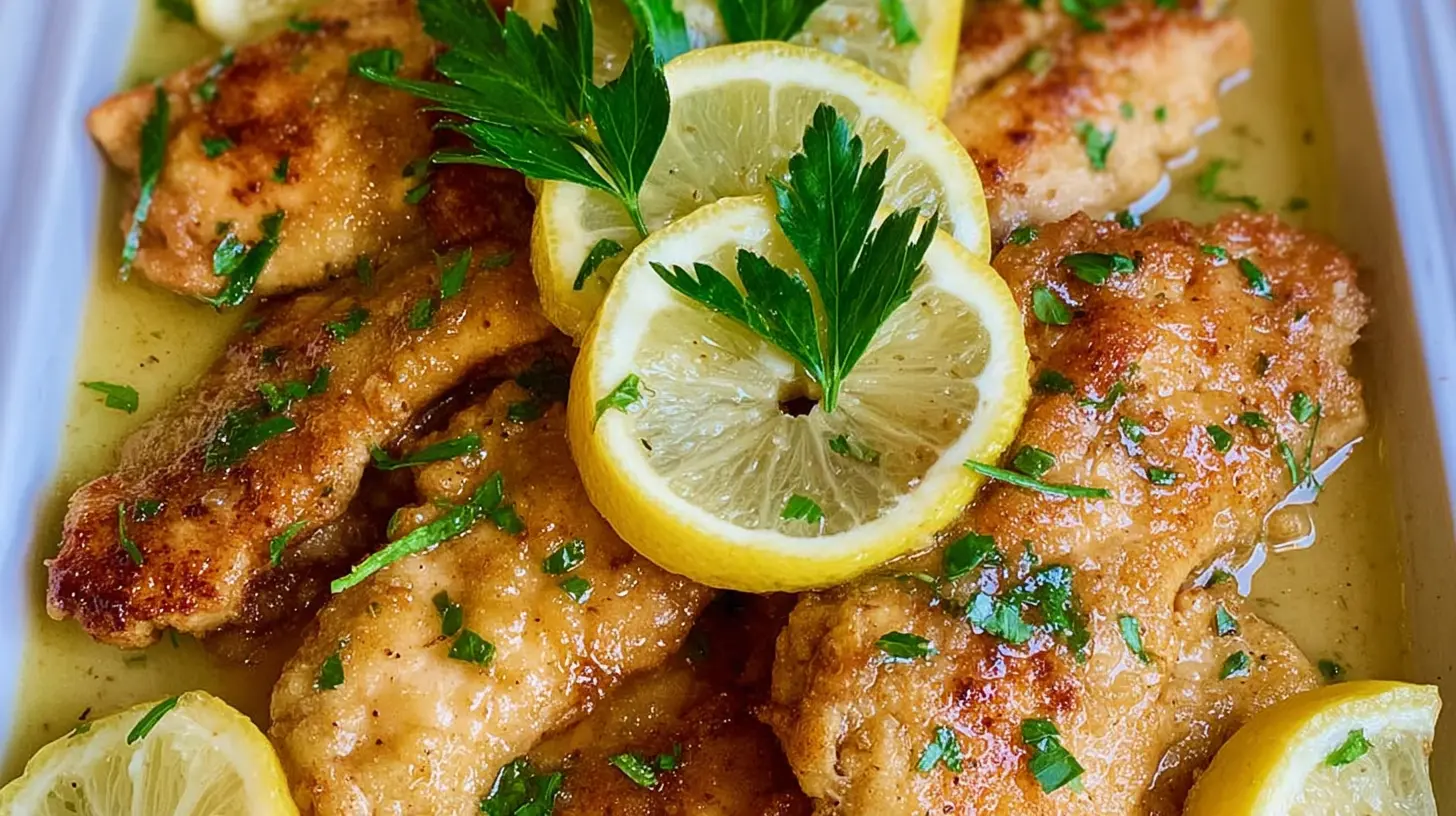 An easy lemon chicken dinner recipe with golden-brown chicken and fresh lemon slices.