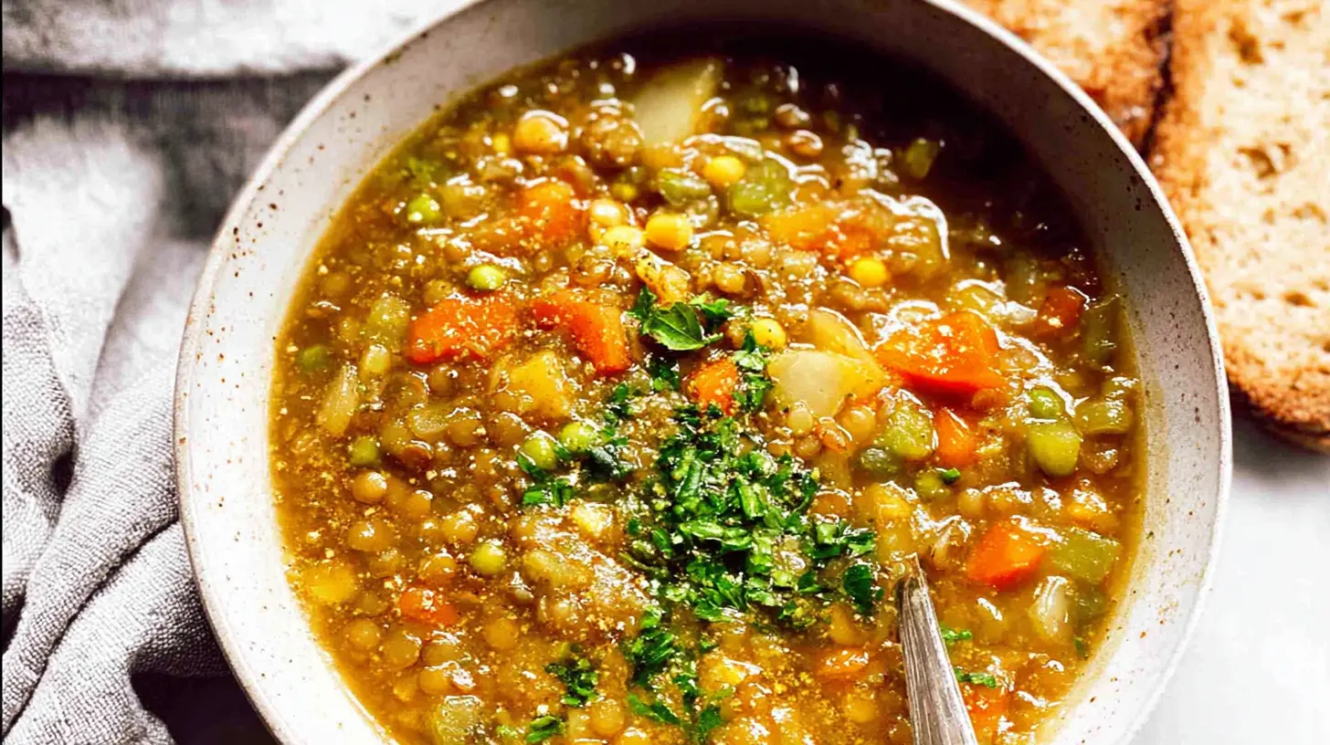Close-up of a rich Crockpot vegetable lentil stew with carrots and celery.
