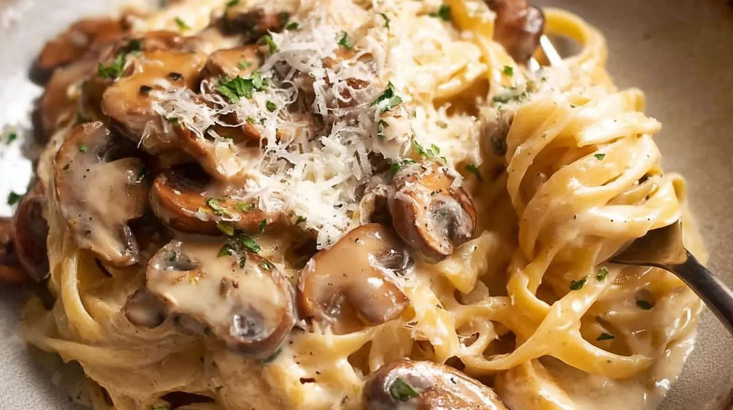 Rich and savory creamy mushroom pasta ready to be served