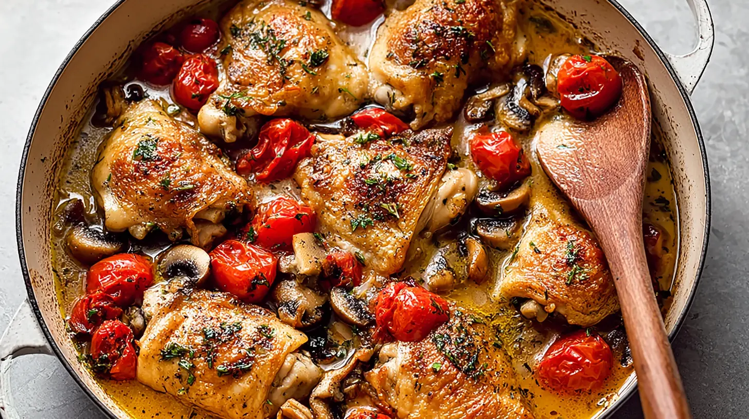 A full one-pot chicken dinner cooked with vegetables and herbs