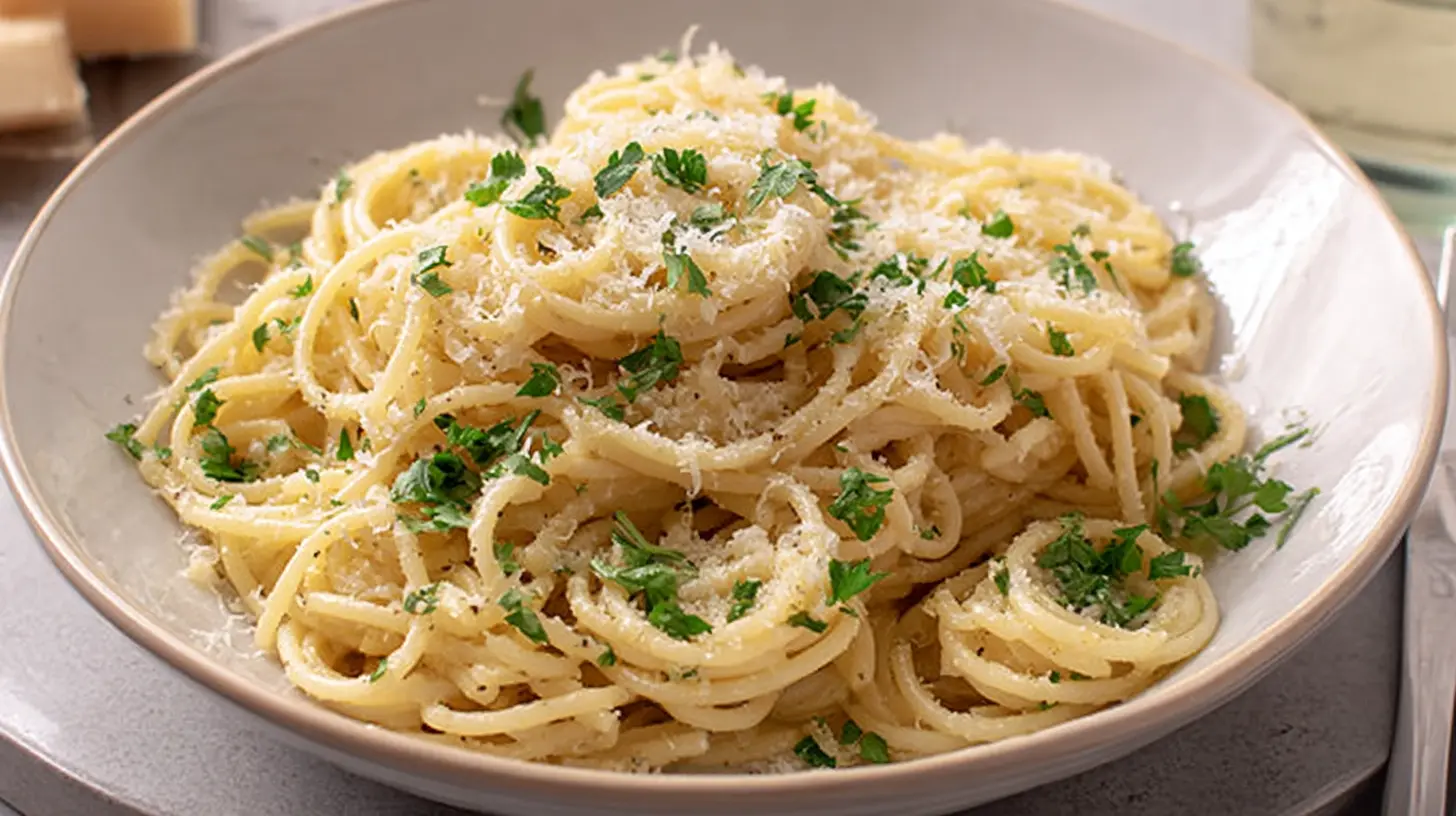 Delicious garlic butter pasta served in a white bowl, ready for dinner.