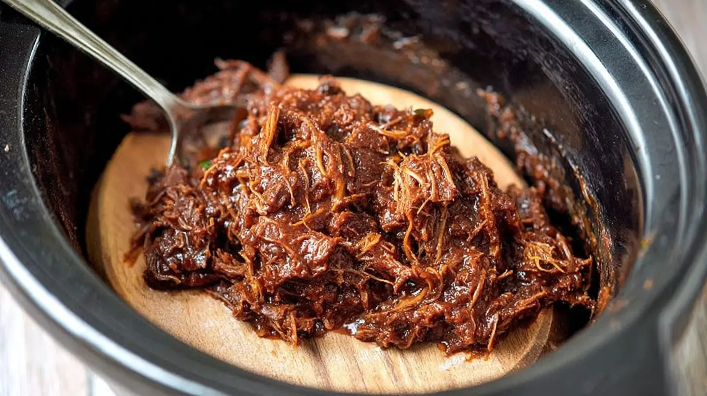Delicious slow-cooked BBQ pulled beef ready to serve.