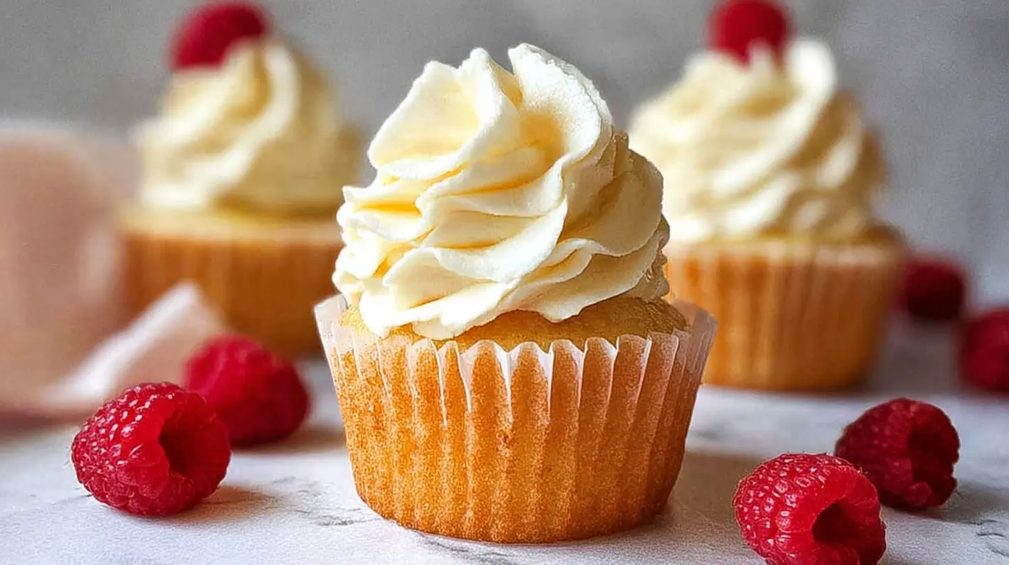 Deliciously frosted easy vanilla cupcakes arranged neatly on a serving tray