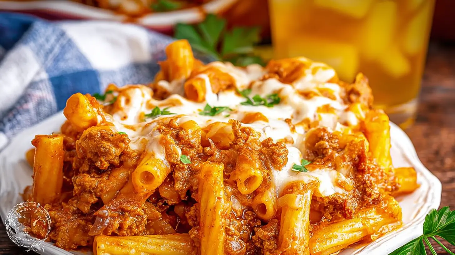 Cheesy baked ziti dinner casserole, ready for a quick meal