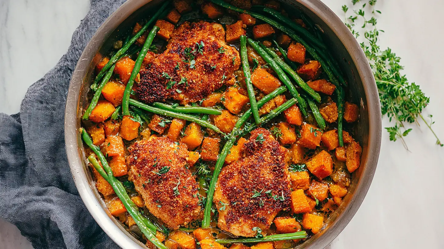 A full pan of fall baked chicken and squash dinner with herbs.