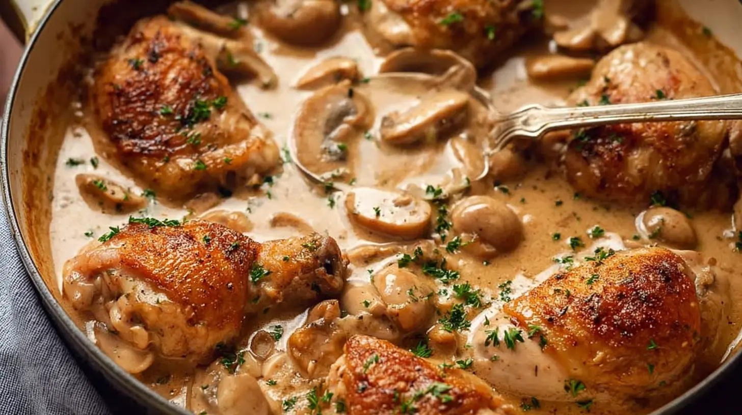 A family-style chicken thigh dinner arranged on a large platter with roasted vegetables.