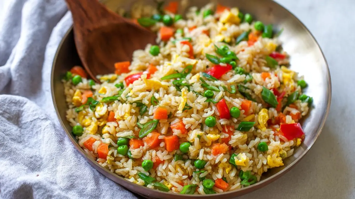 A vibrant bowl of fast veggie fried rice with colorful vegetables and fluffy rice
