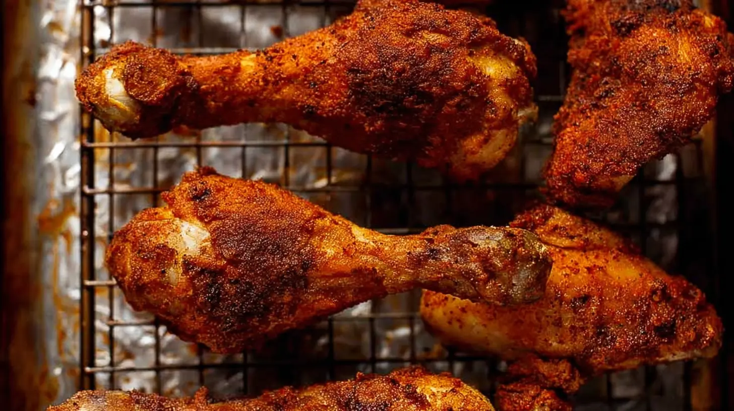 A serving of golden-brown crispy oven-baked chicken drumsticks, perfectly cooked.