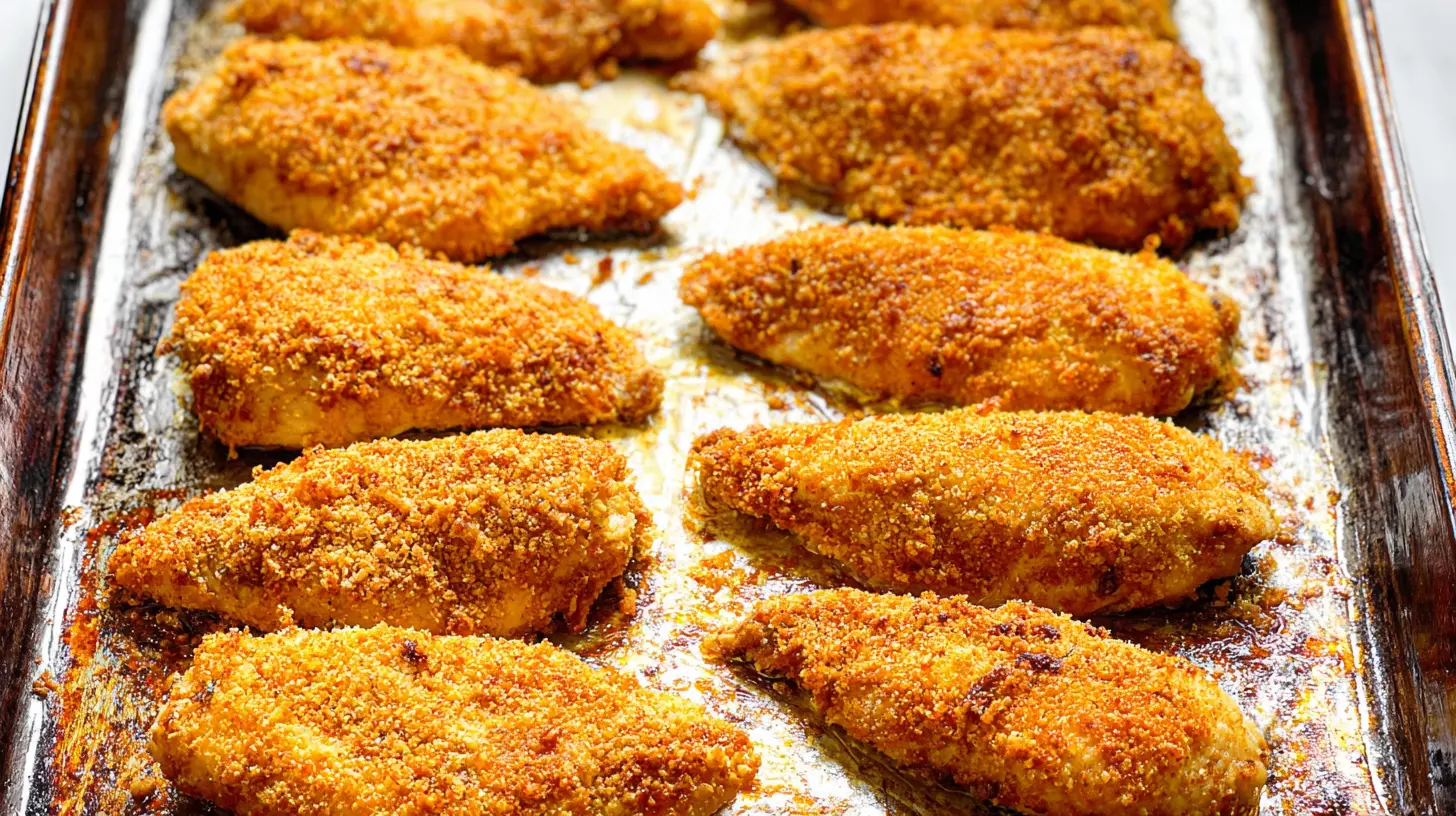 Delicious golden crispy oven-baked chicken served as a hearty dinner.