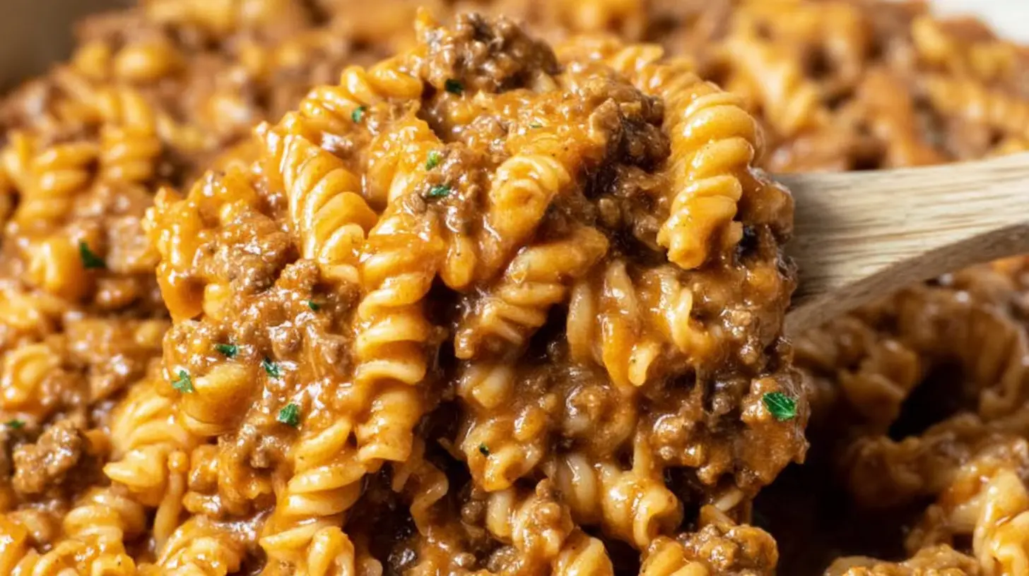 A bubbling hot ground beef pasta bake fresh from the oven, topped with melted cheese.