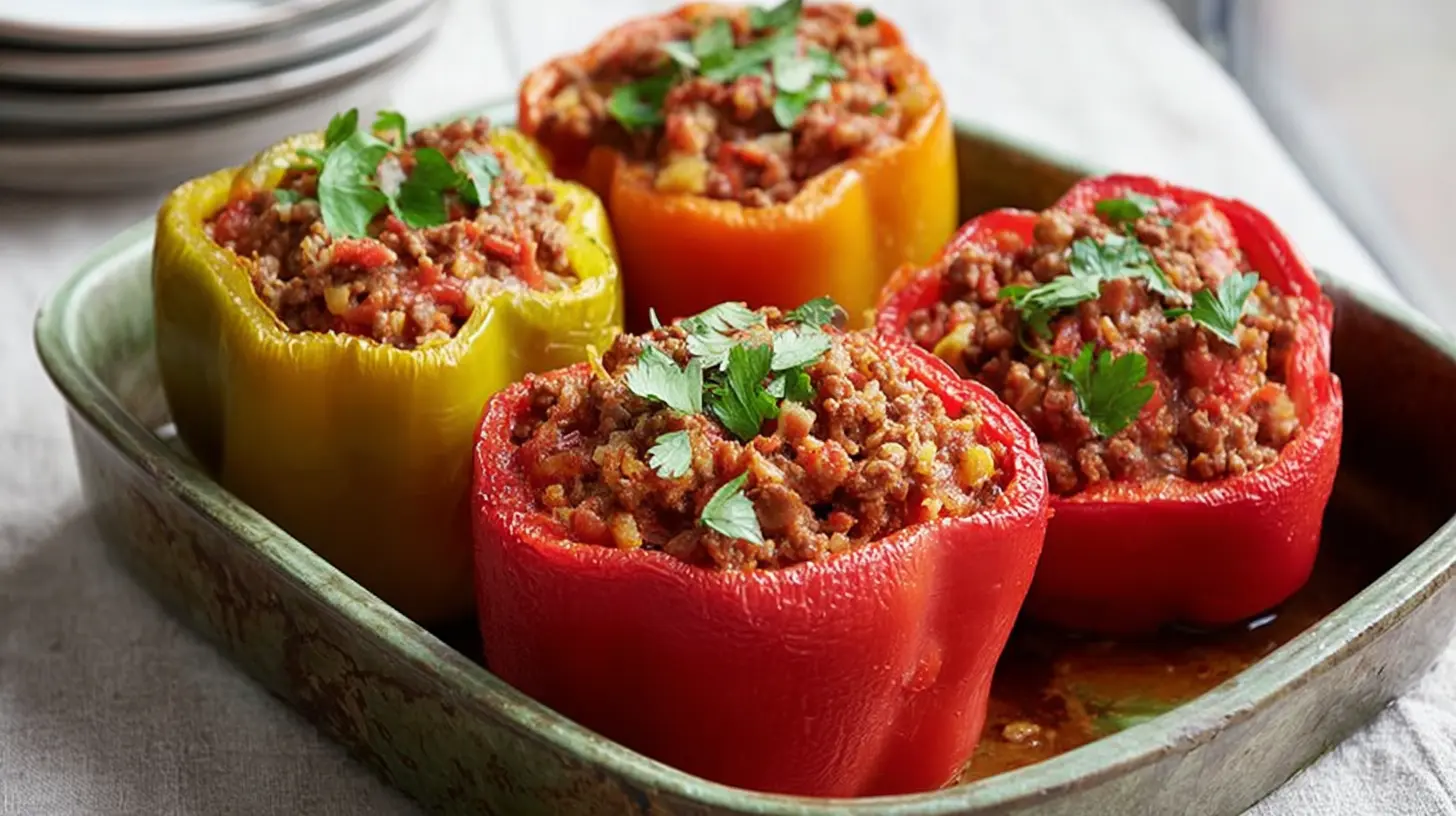 Close-up of ground beef stuffed peppers in a baking dish
