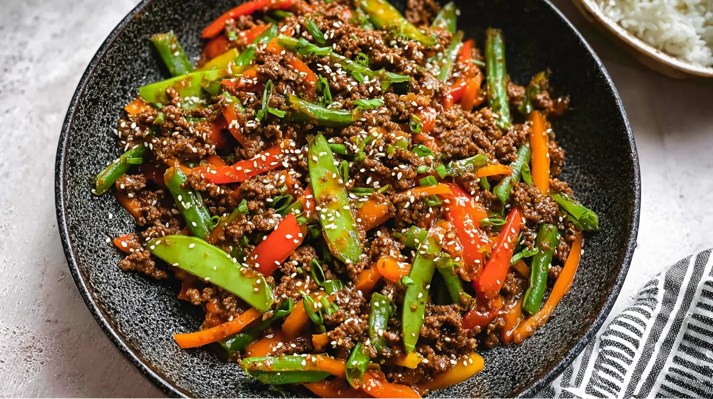 A close-up of ground beef and vegetable stir fry in a wok with colorful vegetables.