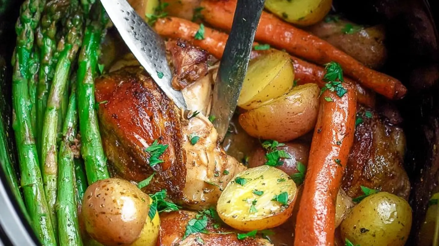 A healthy crockpot chicken and vegetables dish featuring tender chicken pieces and colorful mixed vegetables.