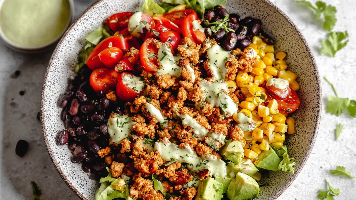 A healthy dinner recipe with ground turkey, featuring colorful vegetables and herbs.