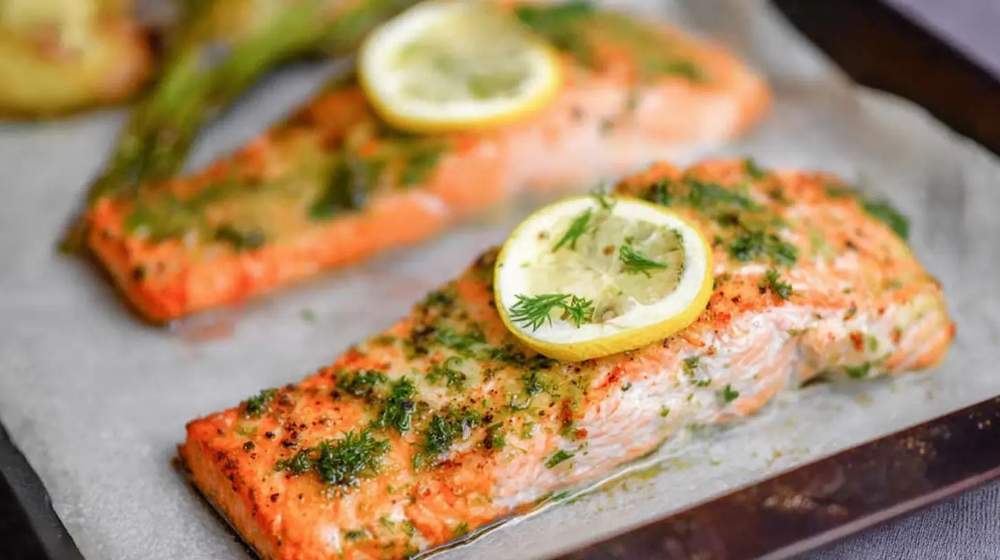 A healthy dinner recipe with salmon, fresh vegetables, and herbs on a plate.