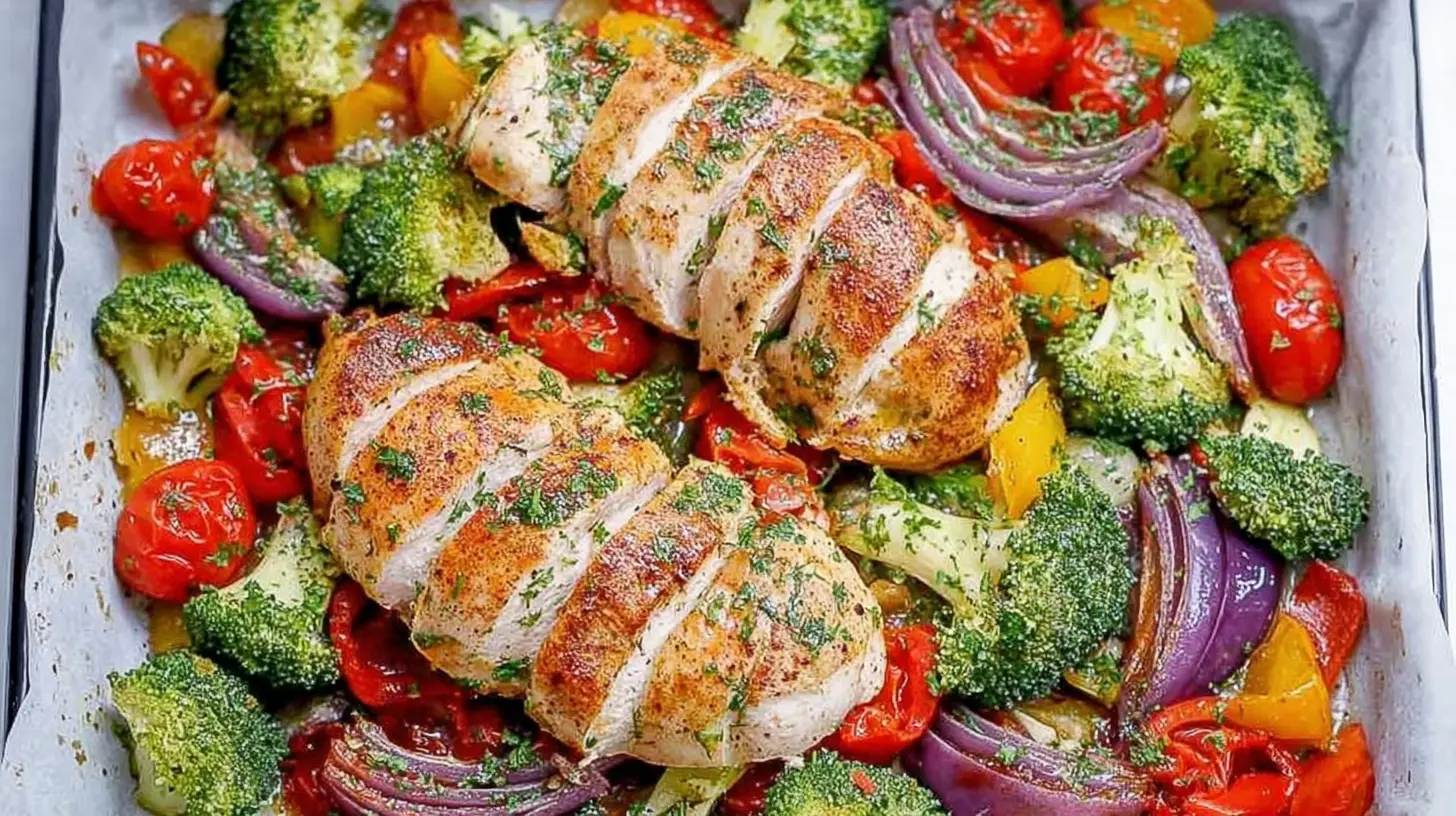Colorful ingredients spread evenly on a single baking sheet, forming a healthy one-pan dinner.