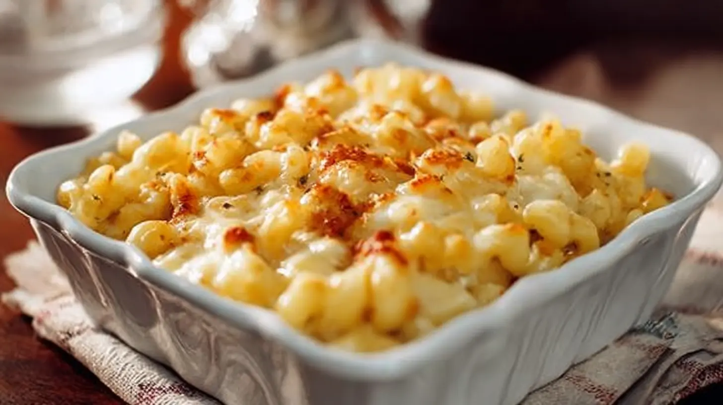 A rich and creamy classic mac and cheese dinner in a ceramic dish