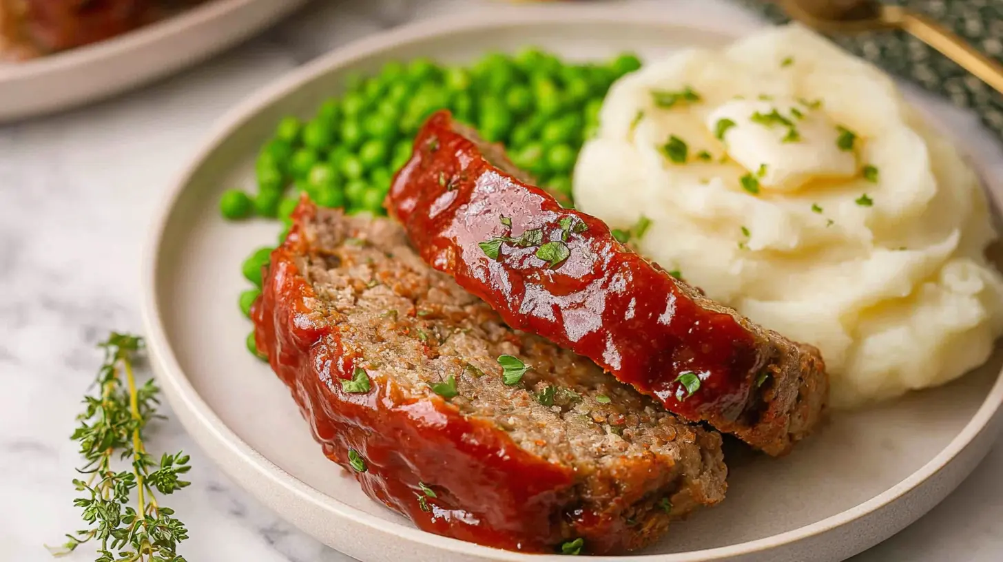Hearty meatloaf slices presented with roasted potatoes.