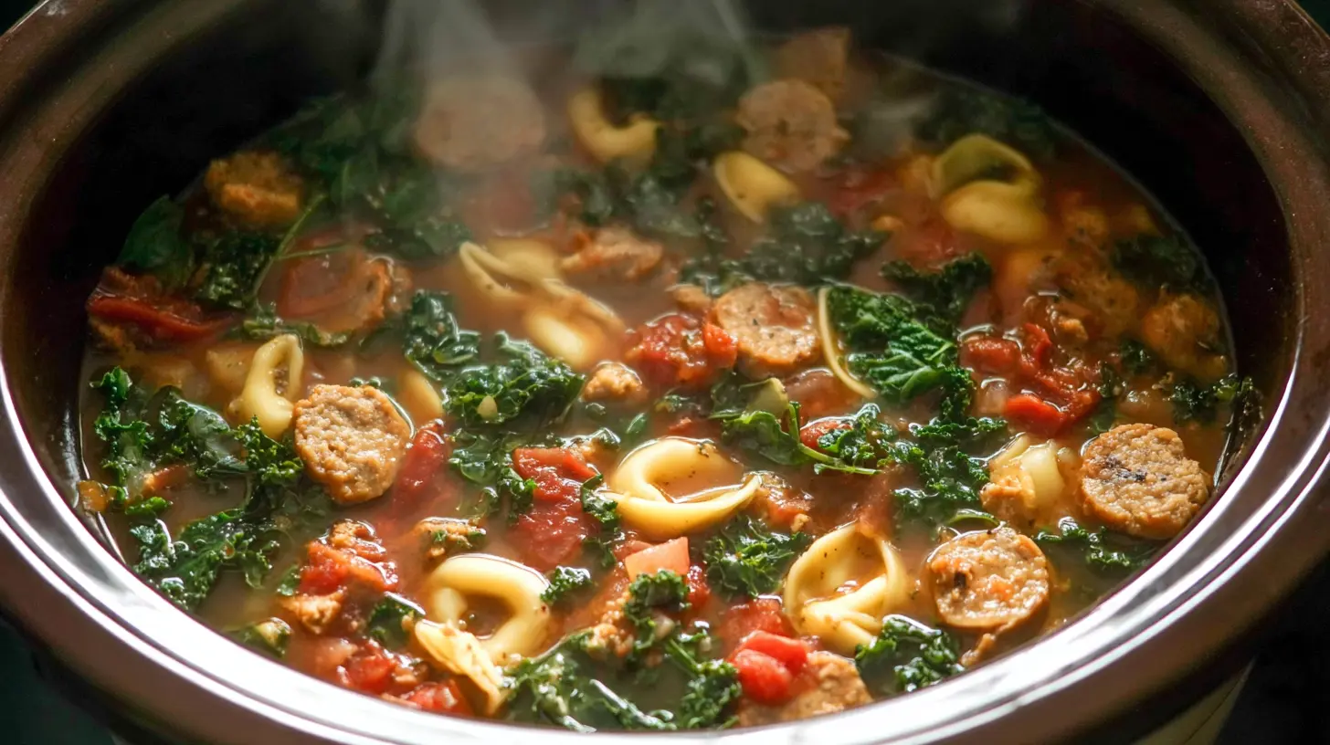 Closeup of Crockpot Sausage and Kale Soup garnished with fresh herbs, ready to serve.