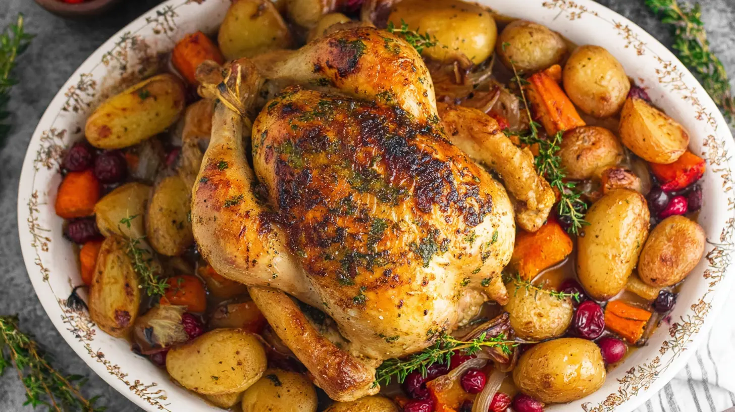 A hearty holiday chicken bake dinner fresh from the oven, ready for serving.