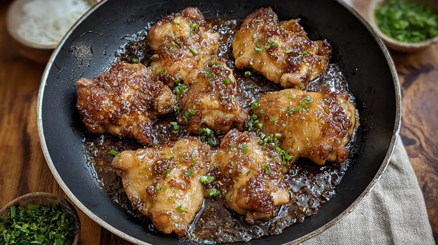 A close-up of perfectly glazed honey garlic chicken thighs