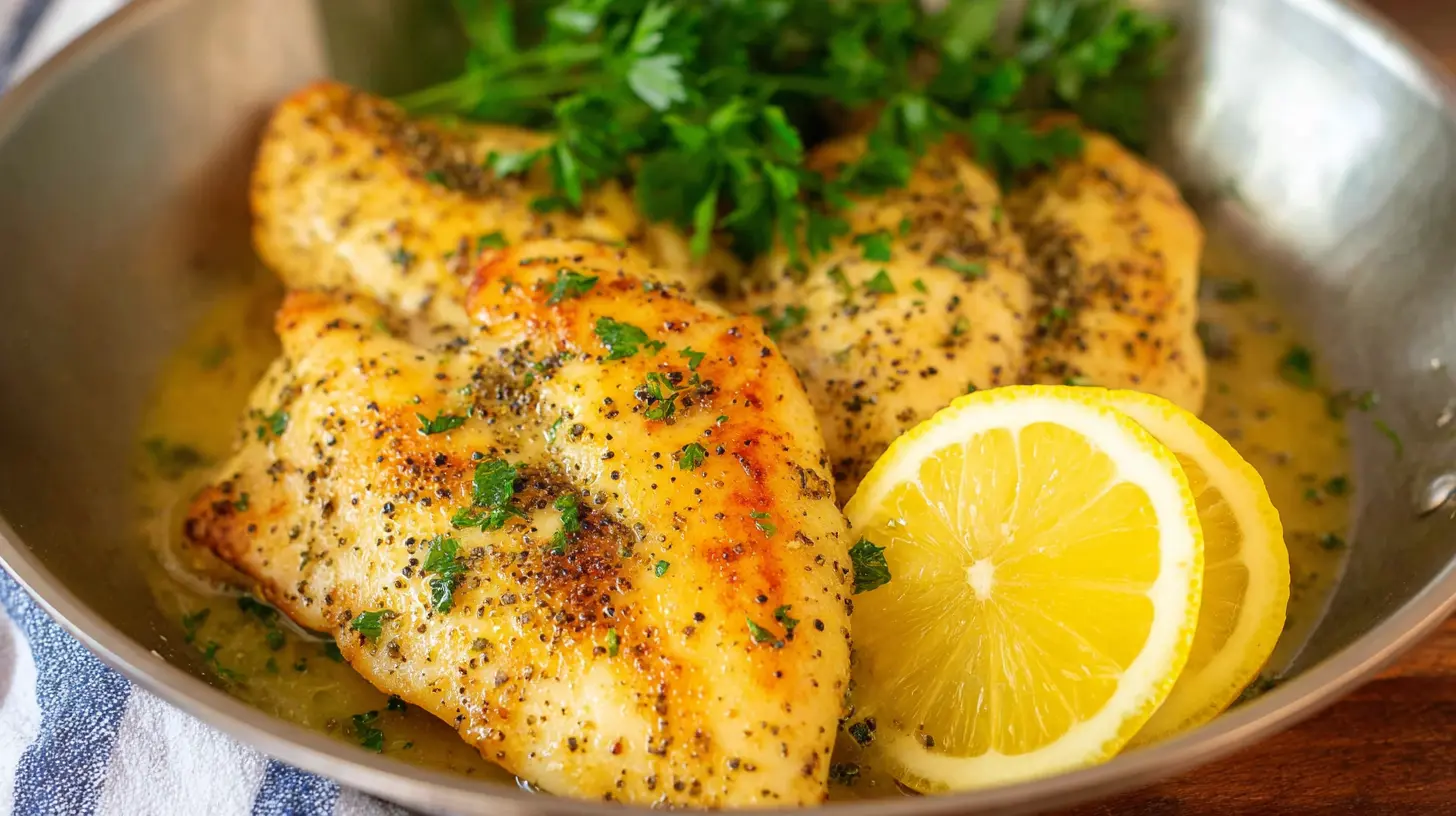 A cooked lemon pepper chicken dinner on a white plate with sides.