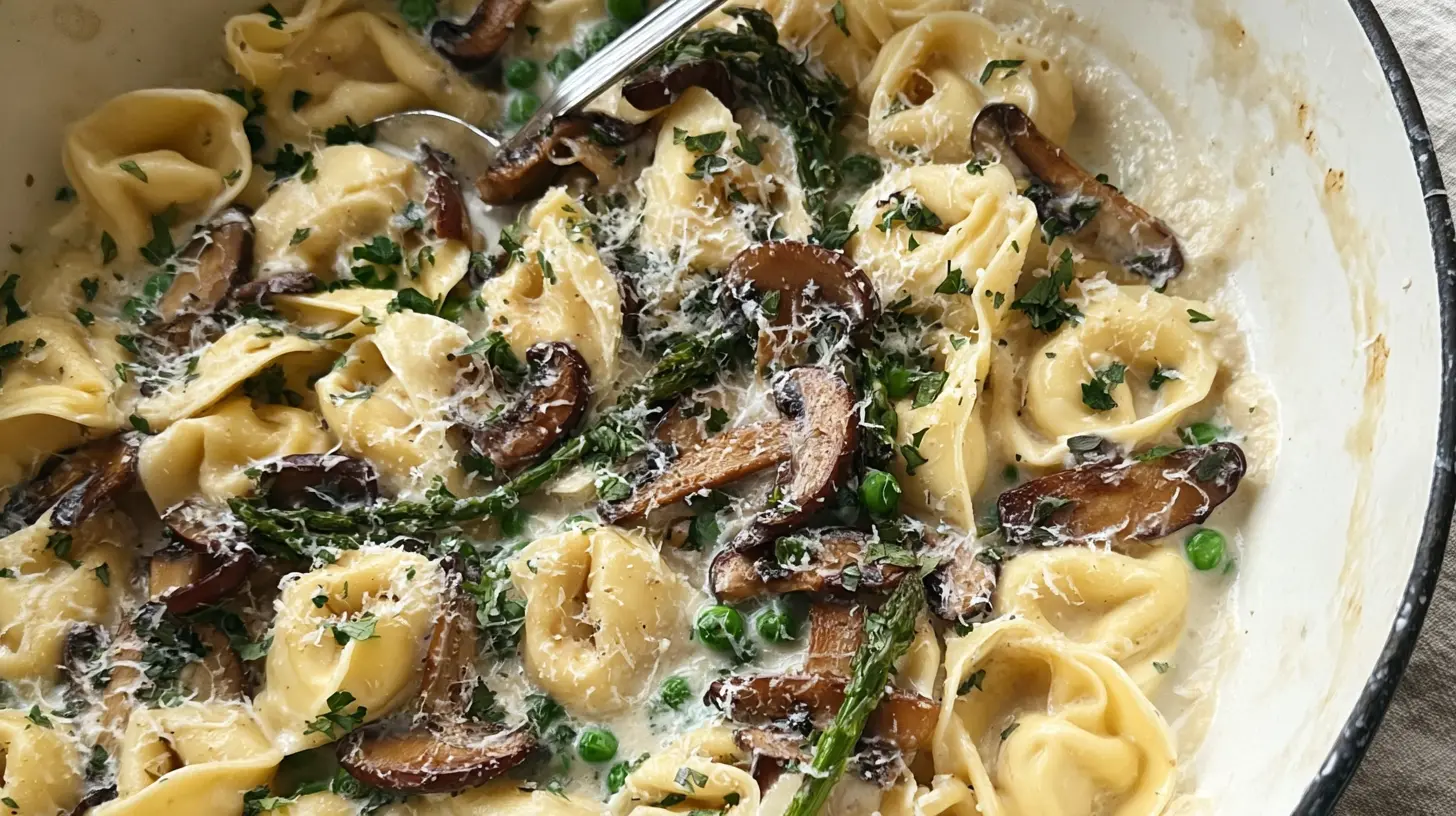 A cozy bowl of mushroom cream tortellini ready to eat.