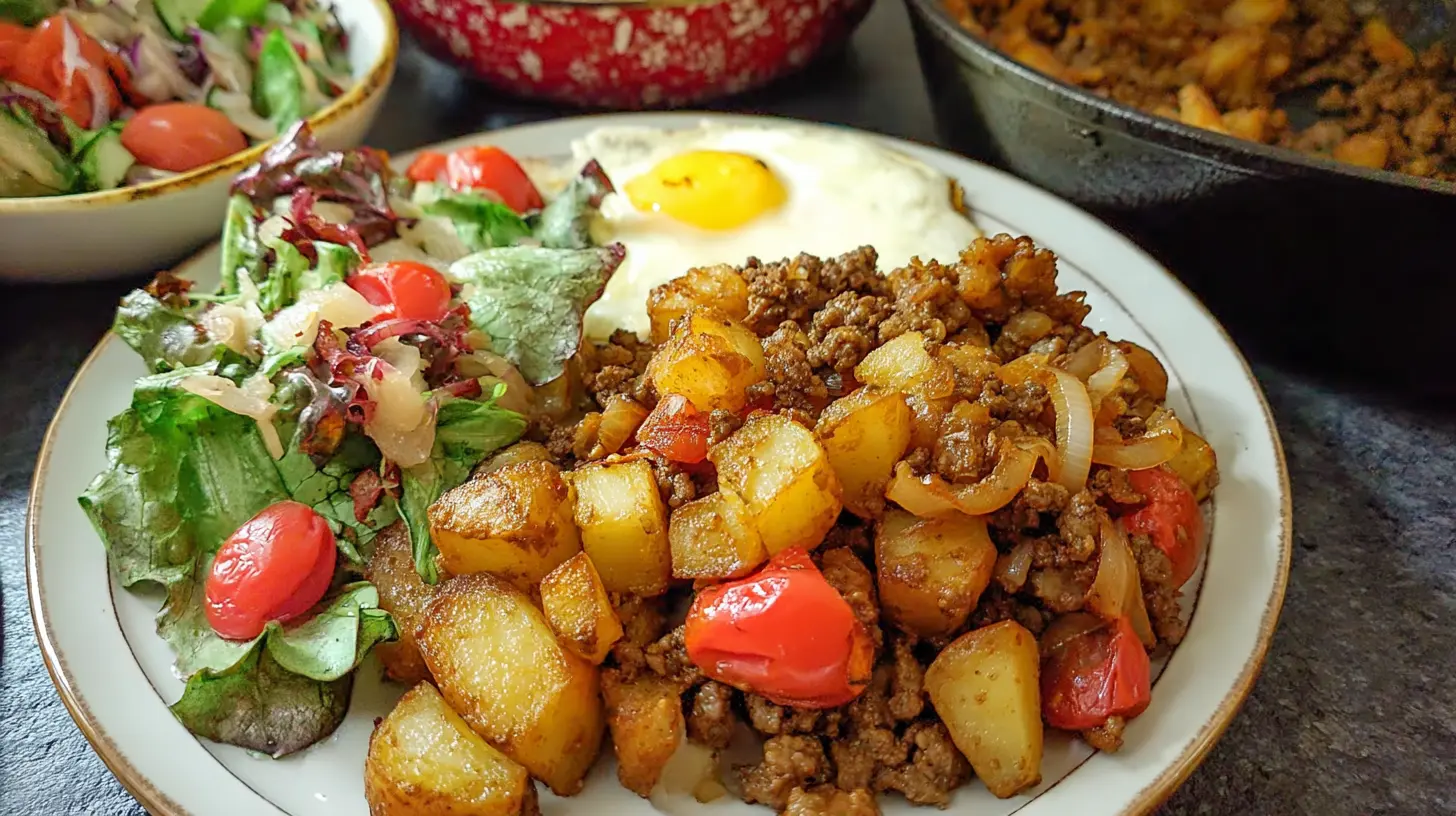 A serving of old-fashioned ground beef hash with crispy potatoes.