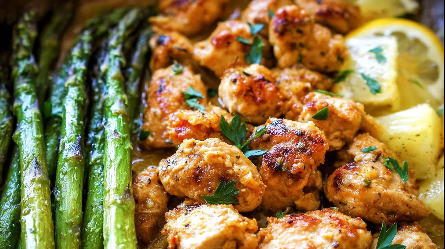 A complete one-pan garlic butter chicken dinner with vegetables, roasted to perfection.