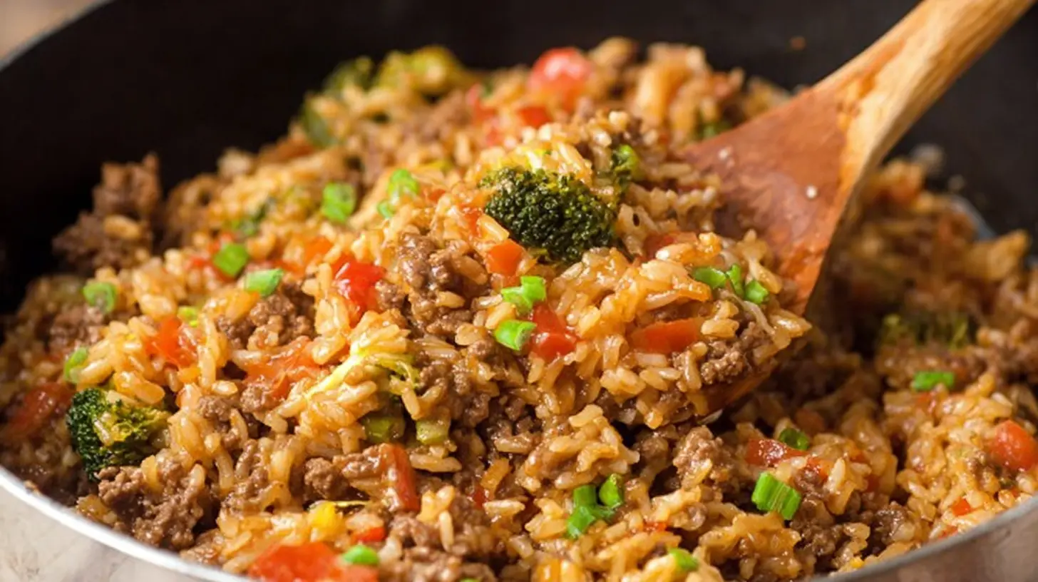 A hearty one-pan ground beef and rice dish, cooked to perfection with vegetables.