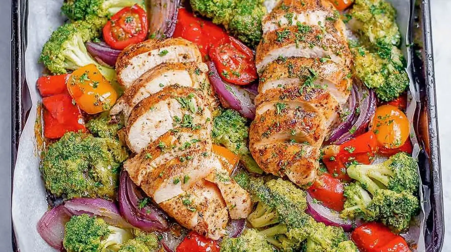 A variety of vegetables and protein cooking on a large one-pan, for a healthy dinner recipe.