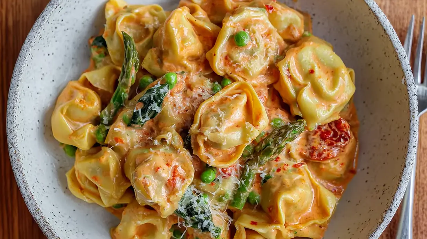 A serving of one-pot creamy garlic parmesan tortellini in a pan, no draining required for this easy recipe.