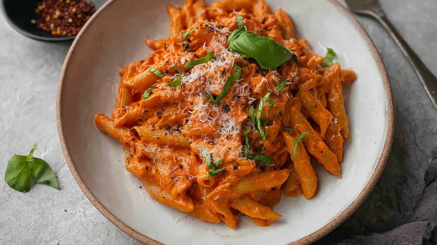 A vibrant, richly colored one-pot creamy tomato pasta dish in a skillet.
