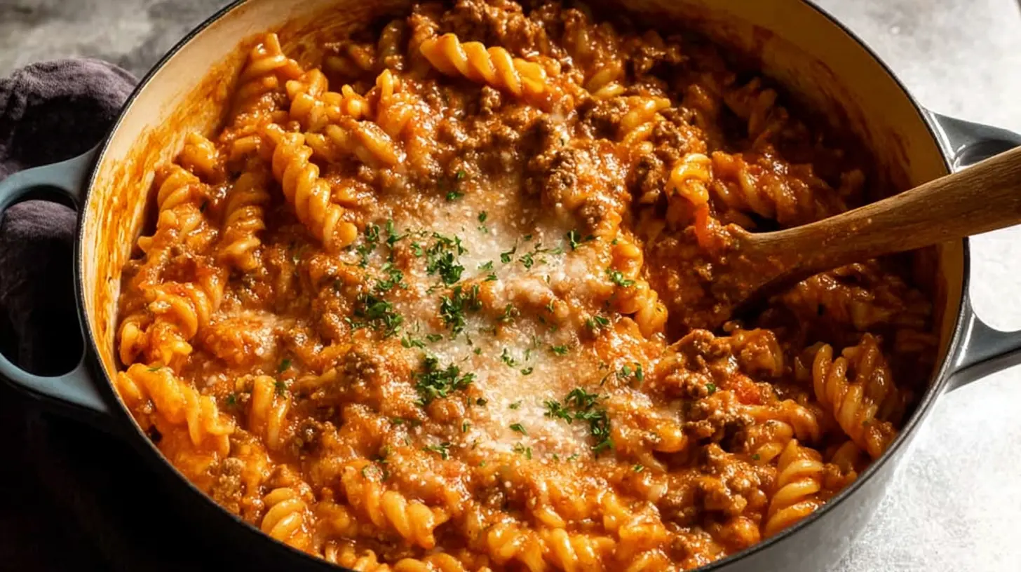 A hearty one-pot ground beef pasta dish simmering in a skillet.
