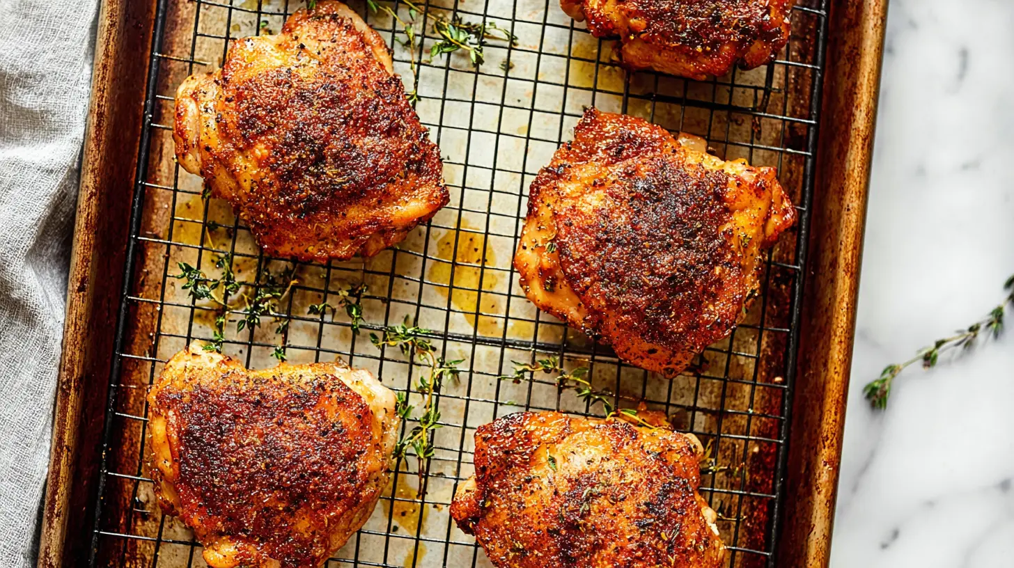 Perfectly oven-roasted chicken thighs with crispy skin and herbs
