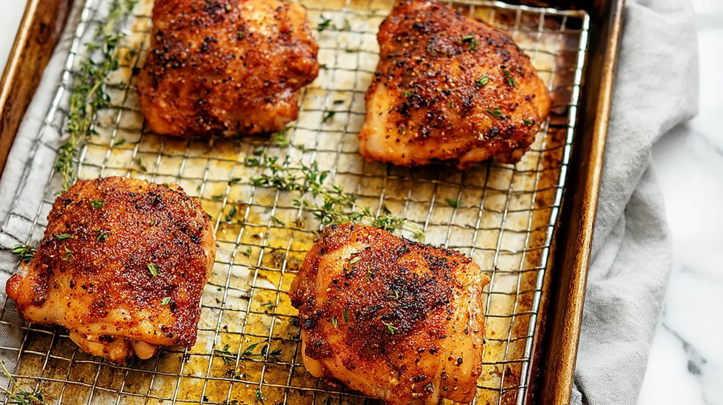 Golden-brown chicken thighs fresh from the oven, ready to serve