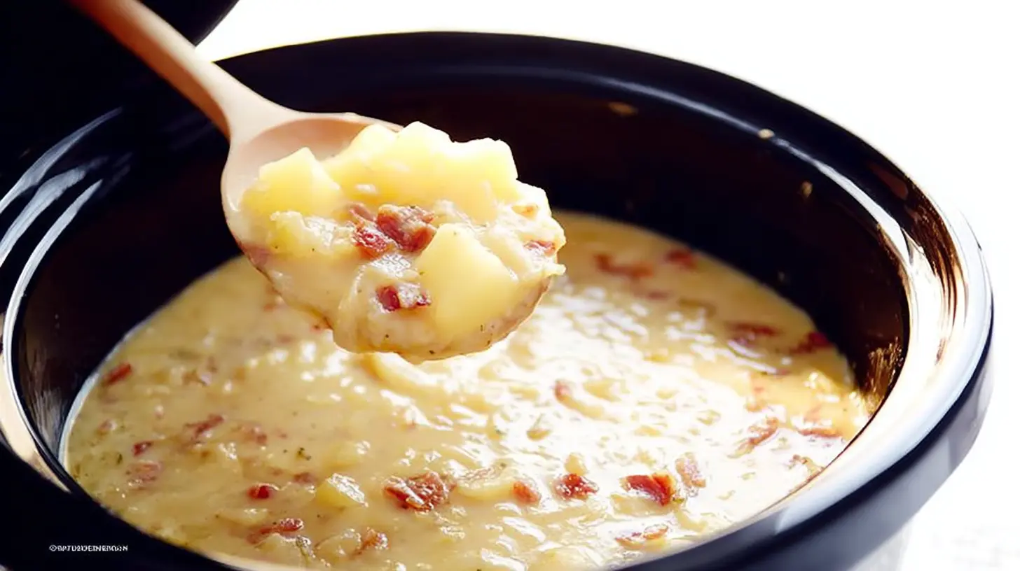 Warm potato Crockpot soup served in a bowl.
