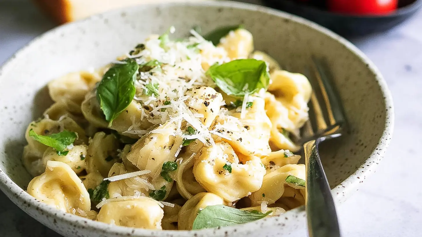 A quick cheese tortellini dinner with a rich tomato sauce and fresh basil.