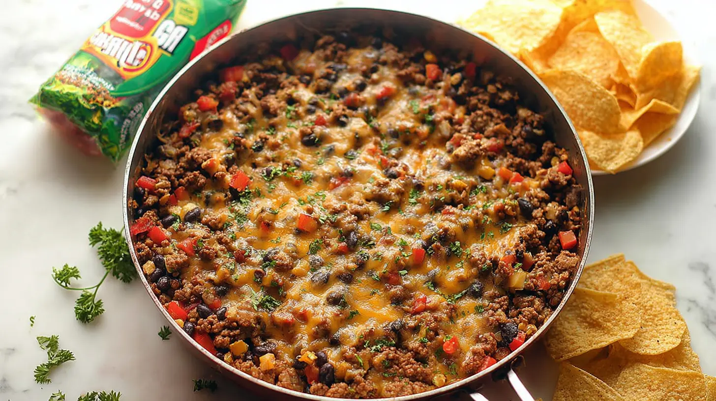 A hot ground beef skillet meal with vegetables ready to serve